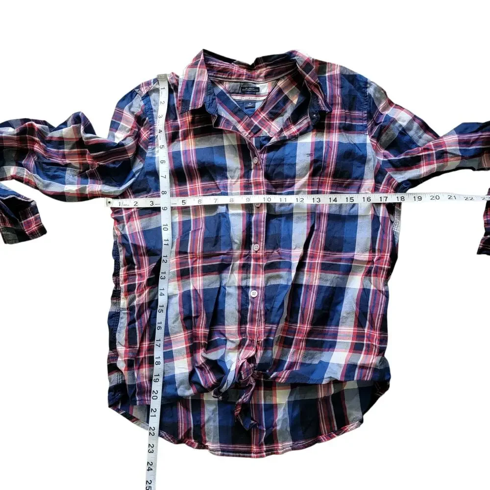 Tommy Hilfiger Front Tie Button Down LS Plaid  Blouse Size M